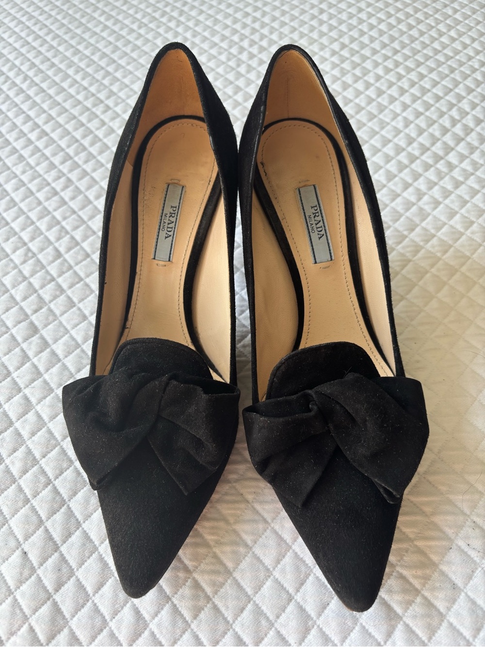 Prada Black Suede Pointed-Toe Bow Pumps 9